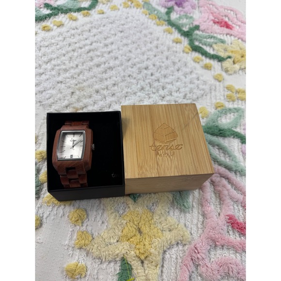 Tense Wood Watch Rectangular Face Silver Dial Date Window Japan Movt - Picture 3 of 5